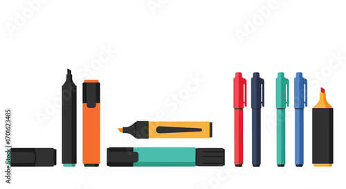 Colorful office markers and highlighters in a modern flat design layout
