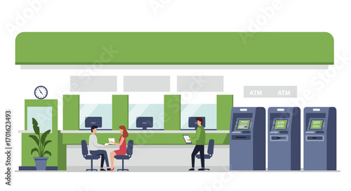 Modern bank interior with customers and atm machines in flat style