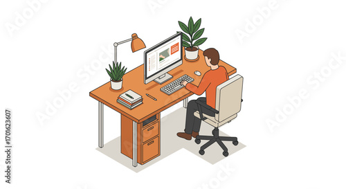 Isometric home office workspace with computer and plants