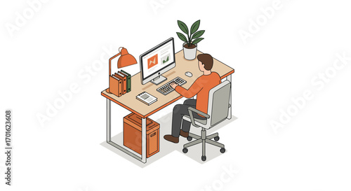 Isometric workplace: home office setup with computer and desk accessories