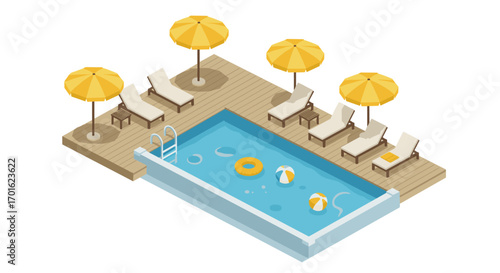 Luxurious poolside retreat with chairs and umbrellas in isometric style