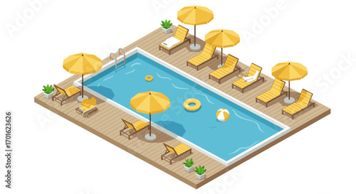 Isometric poolside relaxation with yellow umbrellas and lounge chairs