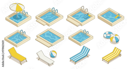 Isometric pool set with loungers and beach balls in a summer theme