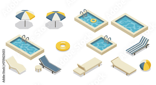 Isometric poolside set: umbrellas, loungers, pools, and accessories