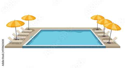 Isometric poolside retreat with sun loungers and umbrellas for a relaxing summer day