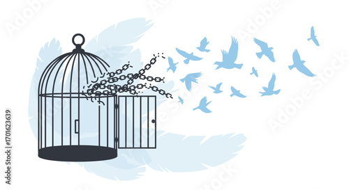 Birds flying out of an open cage symbolizing freedom and escape.