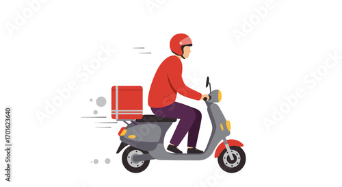 Delivery service scooter rider in motion with red helmet and jacket