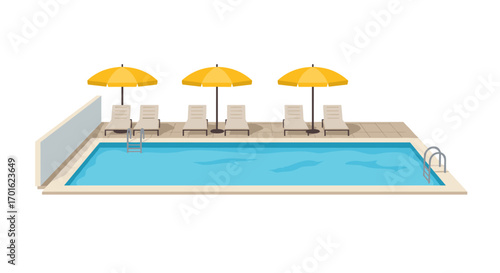 Outdoor swimming pool with sun loungers and yellow parasols in a minimalist setting