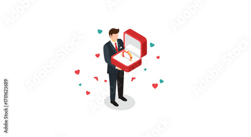 Isometric man proposing marriage with engagement ring and hearts in background