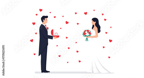 Romantic marriage proposal in flat style with hearts and couple in elegant attire