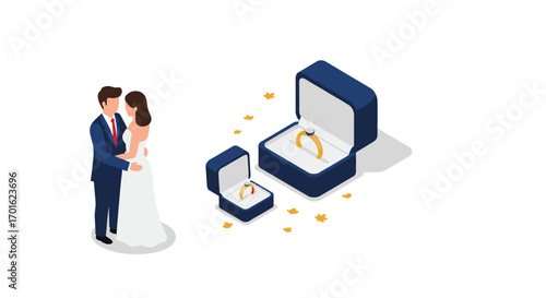 Isometric couple with wedding rings in boxes for marriage proposal concept