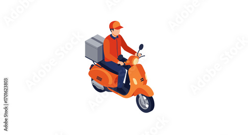 Delivery person riding scooter with parcel for fast shipping services in isometric style