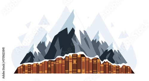 A mountain range made of books with snow on top.