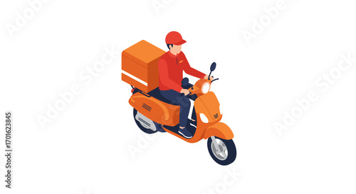 Isometric delivery rider on orange scooter with parcel box in motion