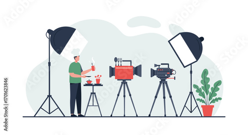 Culinary video shoot setup with professional lighting and chef