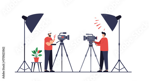 Filmmakers setting up recording equipment in studio with professional lighting