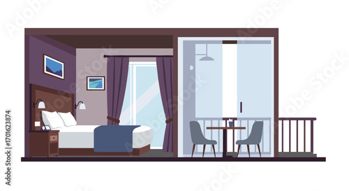 Modern hotel room with balcony and cozy decor in flat style