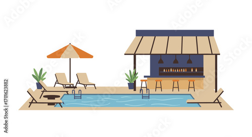 Flat design poolside bar with lounge chairs and umbrella for summer relaxation