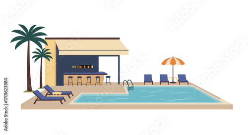 Poolside bar scene with lounge chairs and palm trees in minimalist design