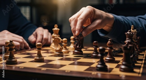 Two hands playing chess on a wooden chessboard with black and white pieces.
