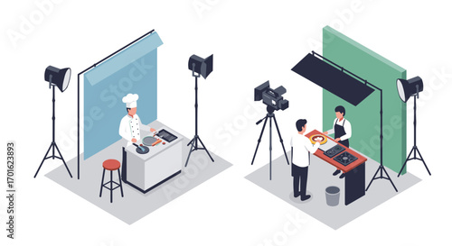 Isometric cooking show set with chefs and film crew capturing culinary scenes