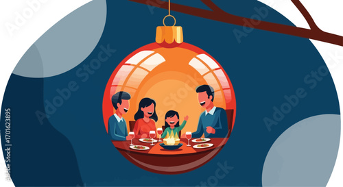 Family gathered inside a Christmas ornament reflecting holiday cheer.