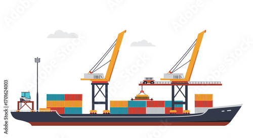 Modern cargo ship with cranes and containers in minimalist style