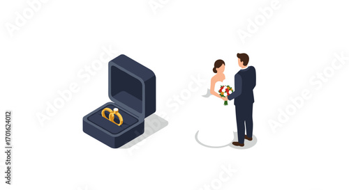 Isometric wedding scene with couple and rings in elegant box