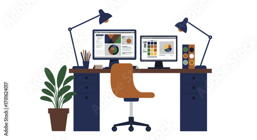 Modern workspace with dual monitors and office supplies in cozy minimalist design