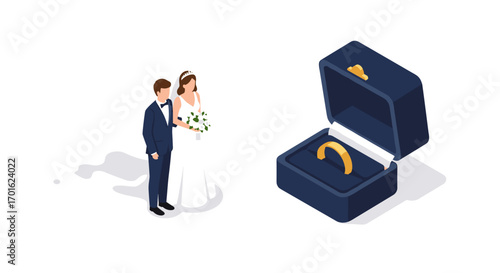 Bride and groom in isometric style beside open ring box with gold wedding band