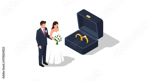 Isometric wedding scene with bride, groom, and engagement rings in box