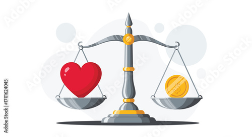 Heart and Coin on Scales Symbolizing Balance Between Love and Money.