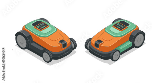 Isometric robot lawn mowers with digital screens on white background