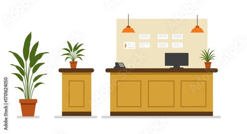 Modern reception desk with plants and office decor in minimalist style