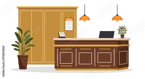 Reception desk in a modern hotel lobby with plants and lighting