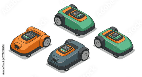 Robotic lawn mowers in modern cartoon style with digital displays