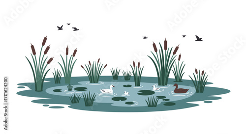Peaceful pond scene with ducks and reeds in minimalist art style