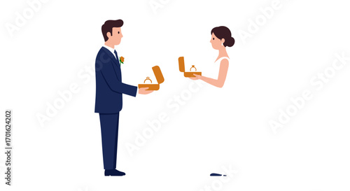 Bride and groom exchanging rings in elegant ceremony, minimalist flat design