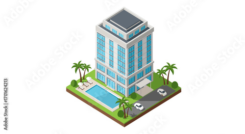 Modern isometric apartment building with pool and palm trees