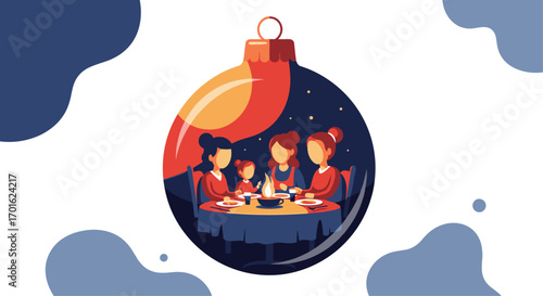 Christmas ornament with family dinner inside.
