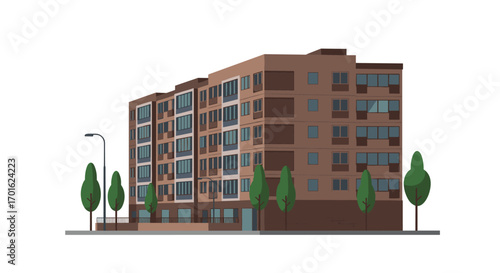 Modern residential apartment building with trees and lamp post