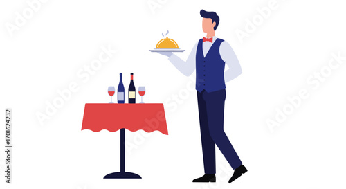 Elegant waiter serving gourmet meal with fine wine in modern flat art style
