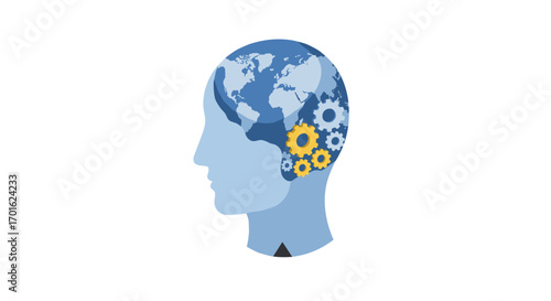 Conceptual mind with earth map and gears symbolizing global thinking and innovation