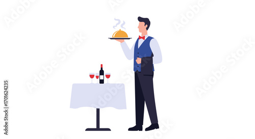 Restaurant waiter serving wine and gourmet meal in elegant setting