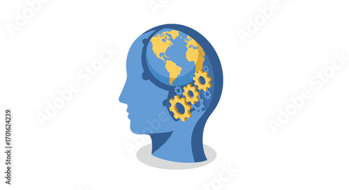 Human head with world map and gears symbolizing global thinking and innovation