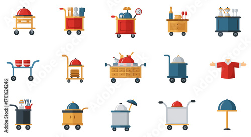 Colorful designs of catering carts and dining elements in a flat style
