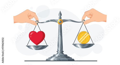 Hands balancing heart and money on a scale.