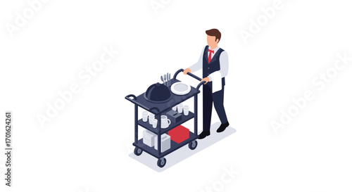 Isometric restaurant service with waiter pushing trolley on white background