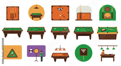 Billiard elements and scenes collection in flat style