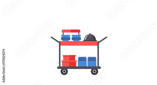 Flat style food service cart with plates and containers on wheels